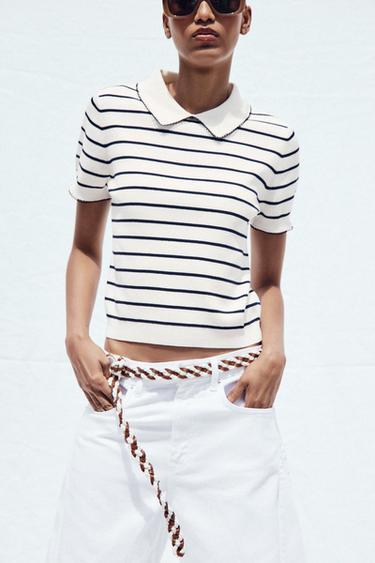 KNIT TOP WITH PIPING - striped by Zara