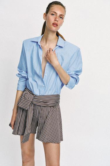 CAMISA ÀS RISCAS DE POPELINA COM OMBREIRAS - Azul / Branco da Zara