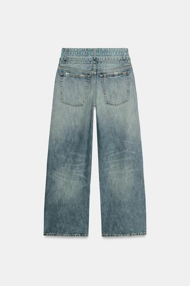 Zara TRF STRAIGHT-FIT DOUBLE WAISTBAND MID-RISE JEANS - Blue