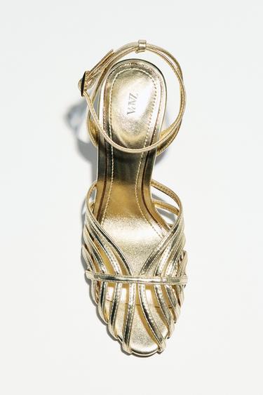 SANDÁLIA COM TIRAS DE SALTO COM EFEITO METALIZADO - Ouro da Zara
