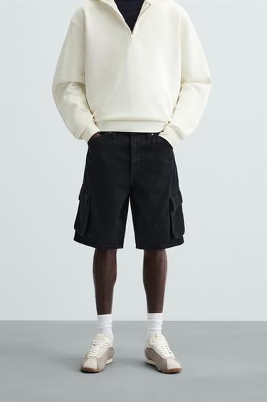 Zara CARGO DENIM SHORTS - Black