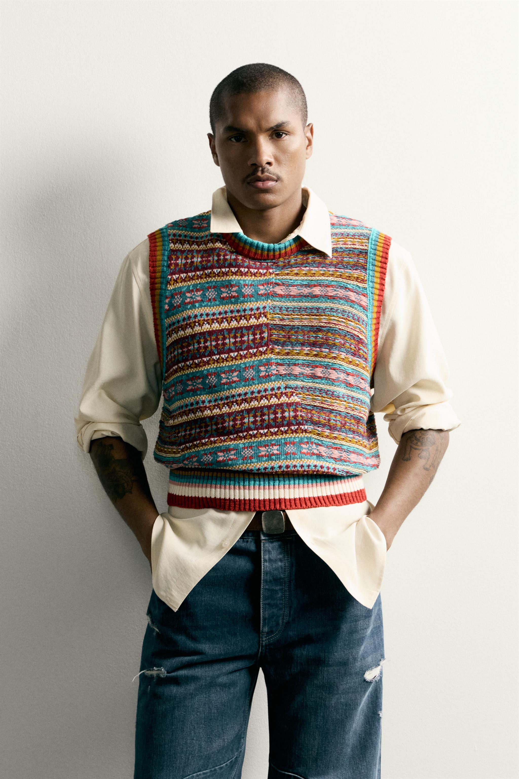 PATCHWORK JACQUARD KNIT WAISTCOAT - Turquoise | ZARA Australia