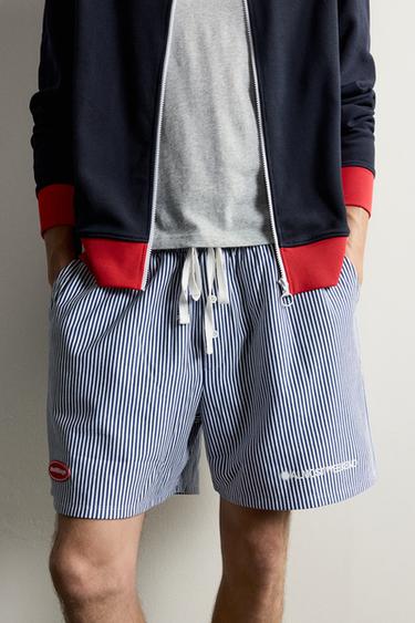 RELAXED FIT STRIPED BERMUDA SHORTS WITH PATCHES - Blue/White by Zara