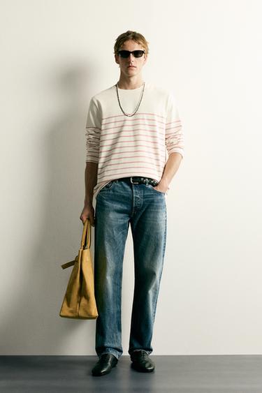 RELAXED FIT JACQUARD STRIPED T-SHIRT - Light pink by Zara - Image 0