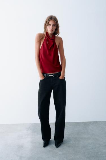 Zara SATIN HALTER TOP - Mid-red