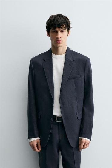 Zara 100% LINEN SUIT BLAZER - Navy blue