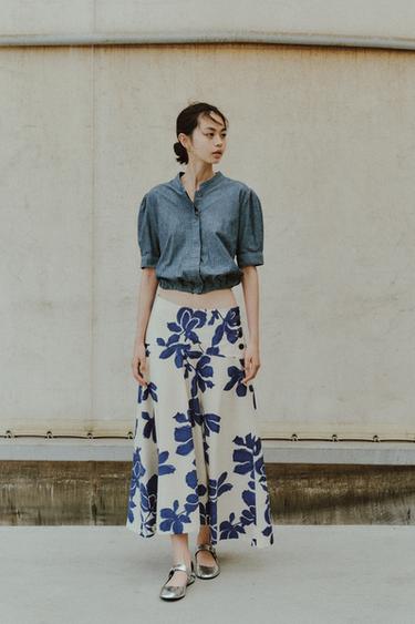 ZW COLLECTION FLORAL MIDI SKIRT - Ecru / Blue by Zara