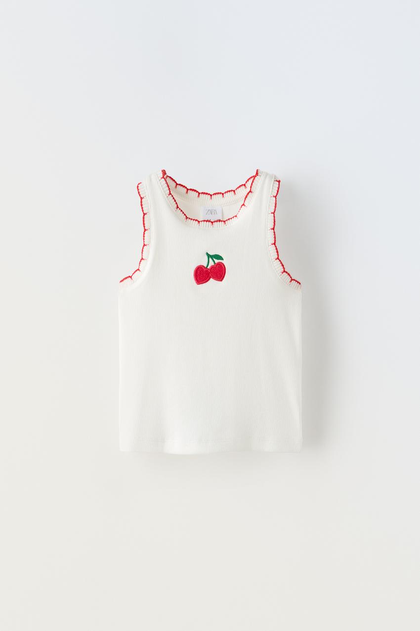 EMBROIDERED FRUIT RIB TANK TOP - White
