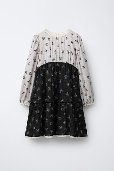 ПЛАТЬЕ В КЛЕТКУ И ЦВЕТЫ — Черный / Цвет небеленого полотна от Zara