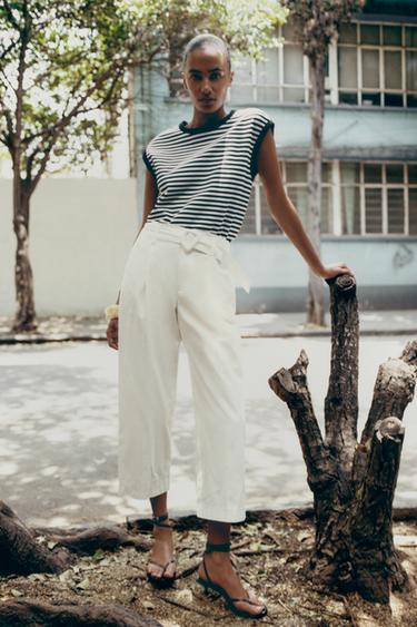 PANTALON DROIT CEINTURE - Blanc cassé de Zara - Image 0