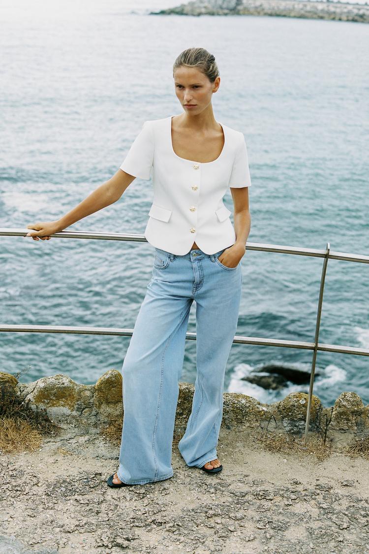 SQUARE NECK SHORT SLEEVE BLAZER Ecru ZARA United Kingdom