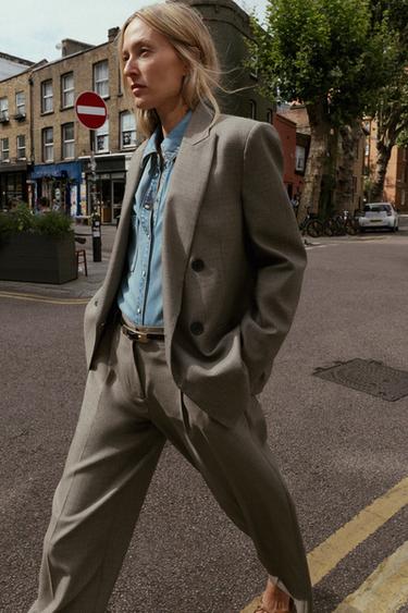 DOUBLE-BREASTED BLAZER WITH SHOULDER PADS - Sand / Black by Zara - Image 4