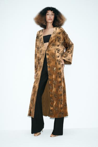 VELVET KIMONO WITH BEADS AND SEQUINS - Ochre by Zara