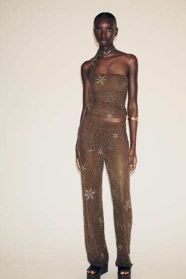 Zara BEADED SEQUIN PANTS - Chocolate