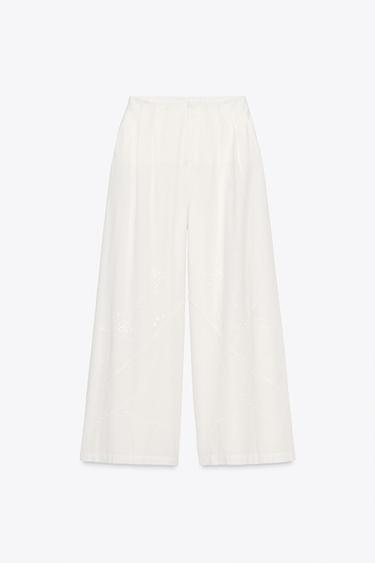 PANTALÓN BORDADOS - Blanco roto de Zara