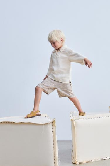 Zara TEXTURED GINGHAM SHORTS - Ecru / Beige