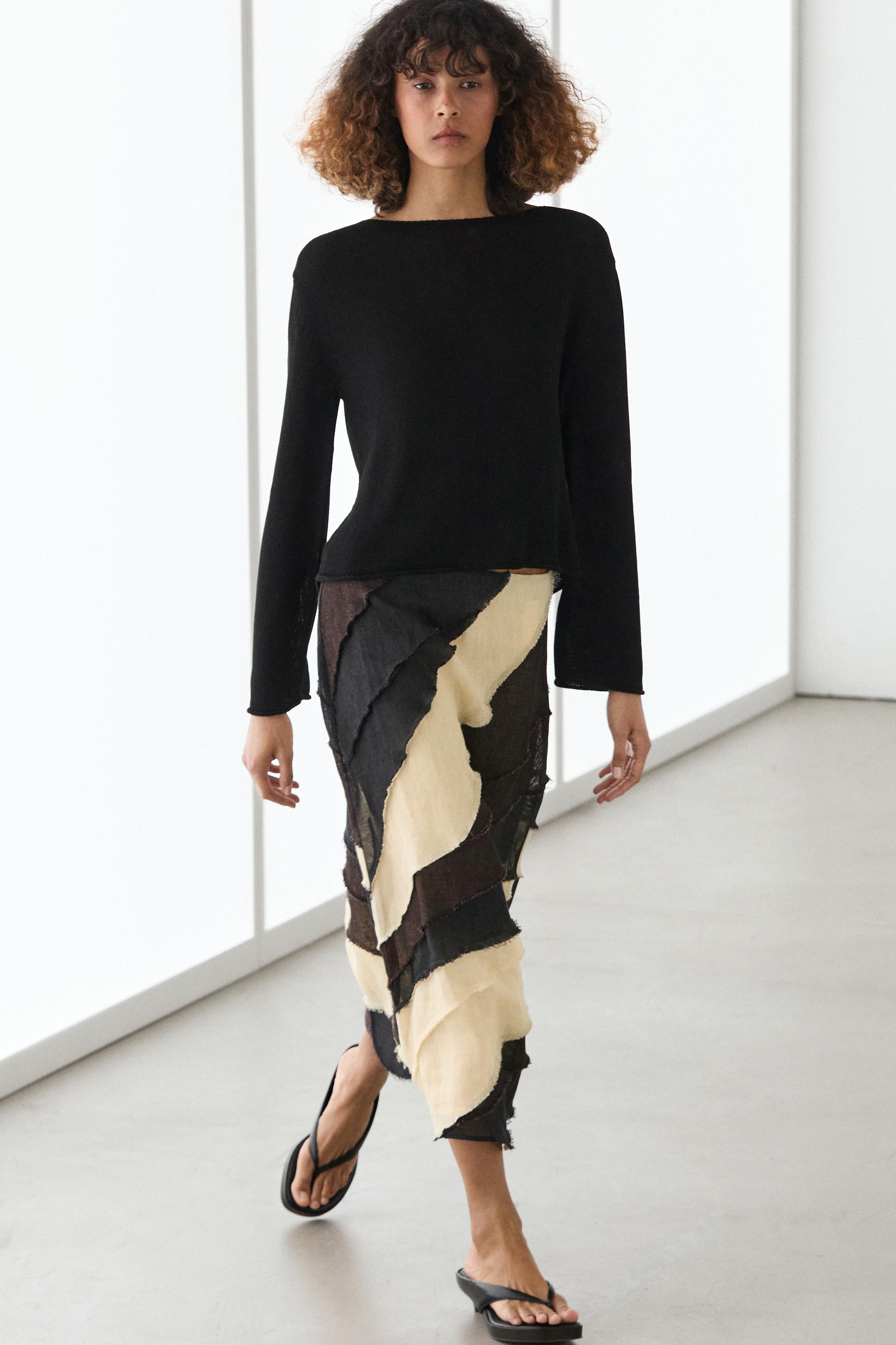 Layered contrast linen midi skirt