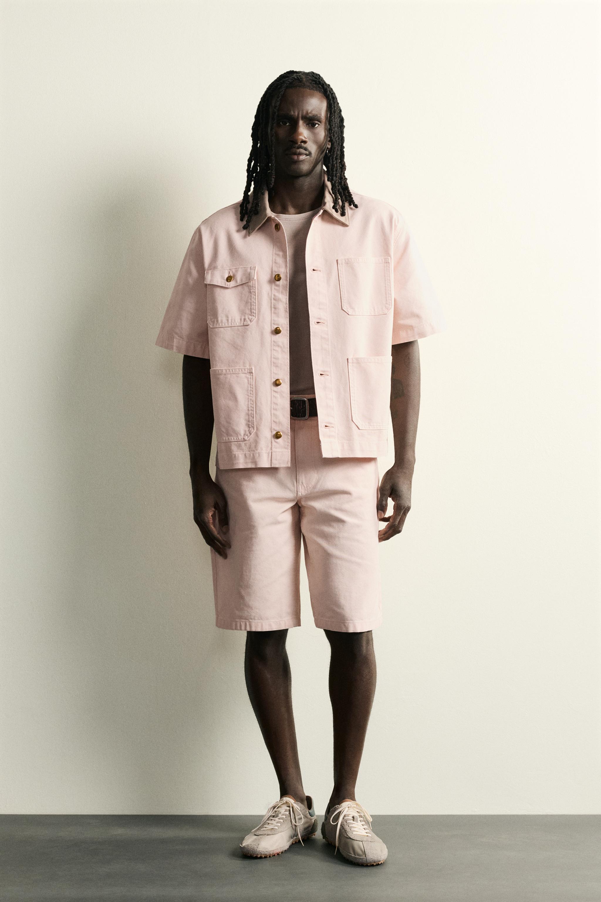 CONTRAST COLLAR SHORT SLEEVE OVERSHIRT - Pink | ZARA United States