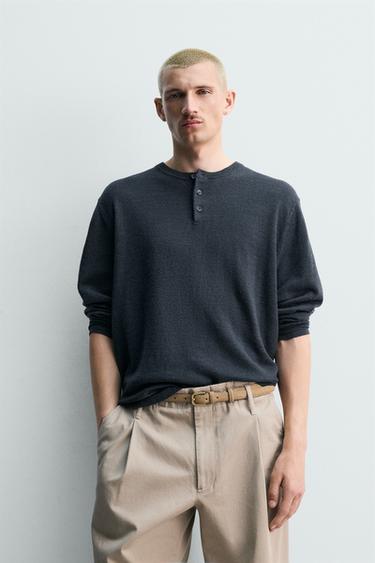 LINEN-WOOL HENLEY JUMPER - Dark indigo by Zara
