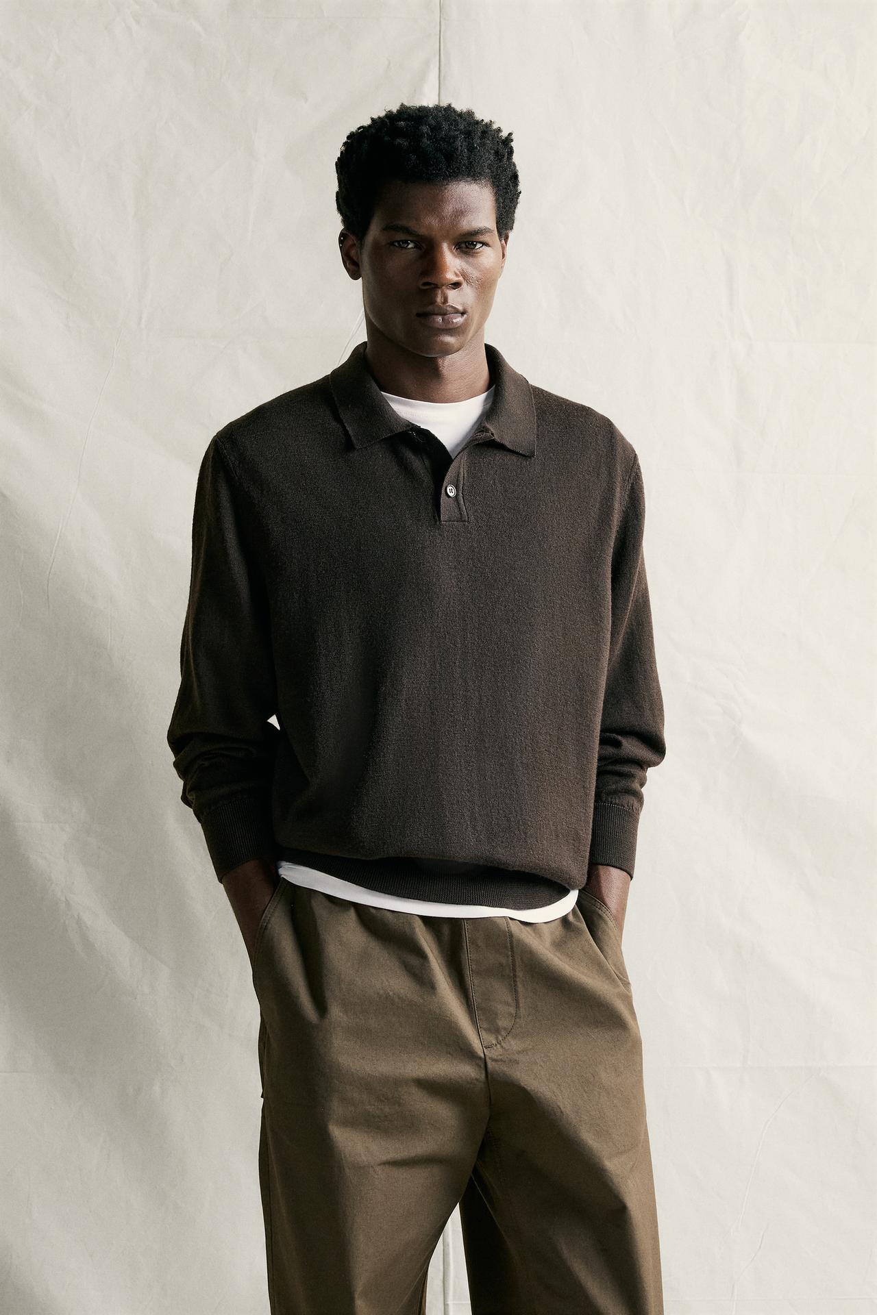 100% WOOL KNIT POLO SHIRT — Dark brown