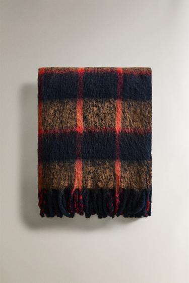 SOFT CHECK THROW WITH FRINGING - Neon blue by Zara