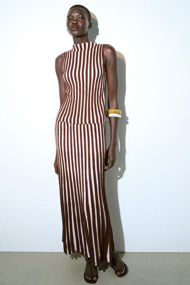 JUPE PLISSÉE RAYURES TEXTURÉE - Brown Stripes de Zara