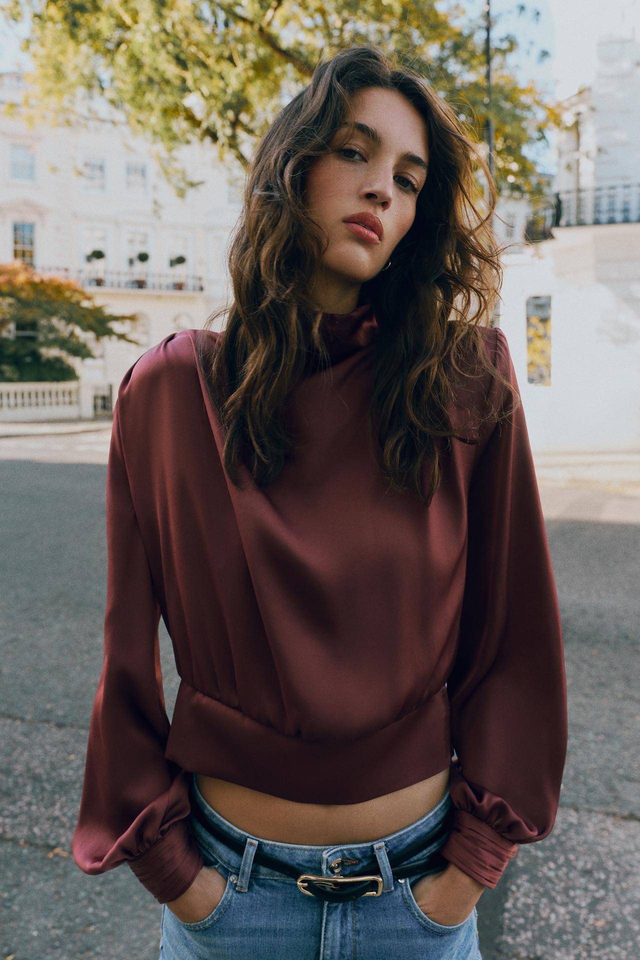 SATIN BLOUSE WITH SHOULDER PADS — Burgundy