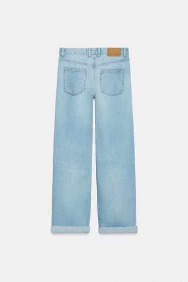 Zara Z1975 系列中腰翻褶褲腳休閒版牛仔褲 - 淡藍色
