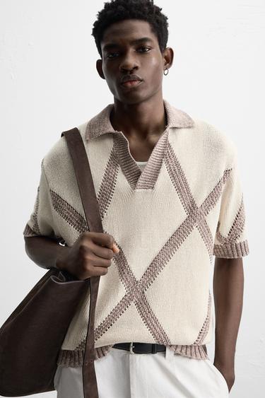 RHOMBUS JACQUARD KNIT POLO SHIRT - Brown / Taupe by Zara
