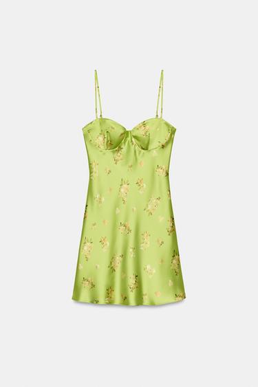 FLORAL PRINT SATIN MINI DRESS - Fluorescent lime by Zara - Image 4