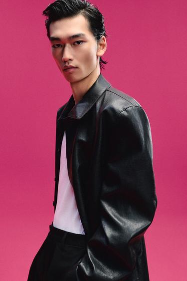 Zara 寬鬆版人造皮革襯衫式外套 - 黑色