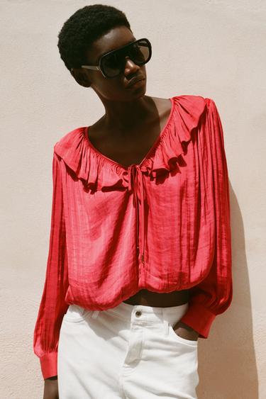 SATIN BLOUSE WITH RUFFLES AND SHOULDER PADS - Strawberry by Zara