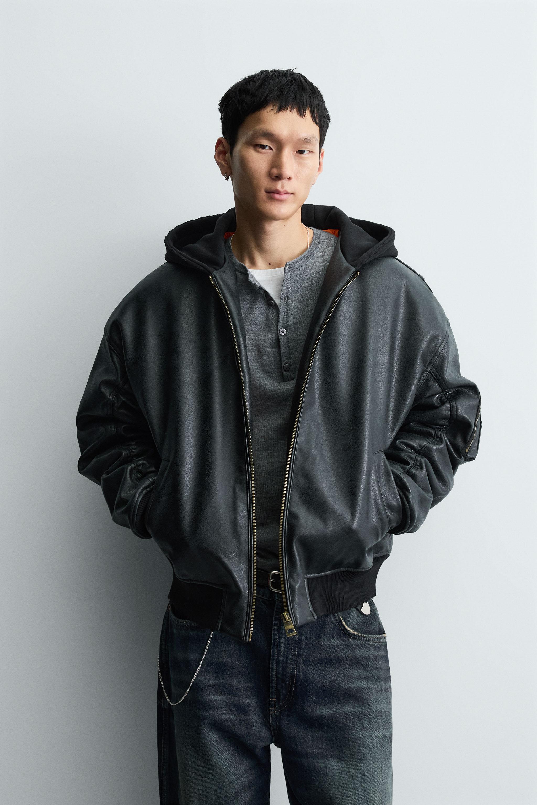 COMBINATION HOODIE FAUX LEATHER JACKET