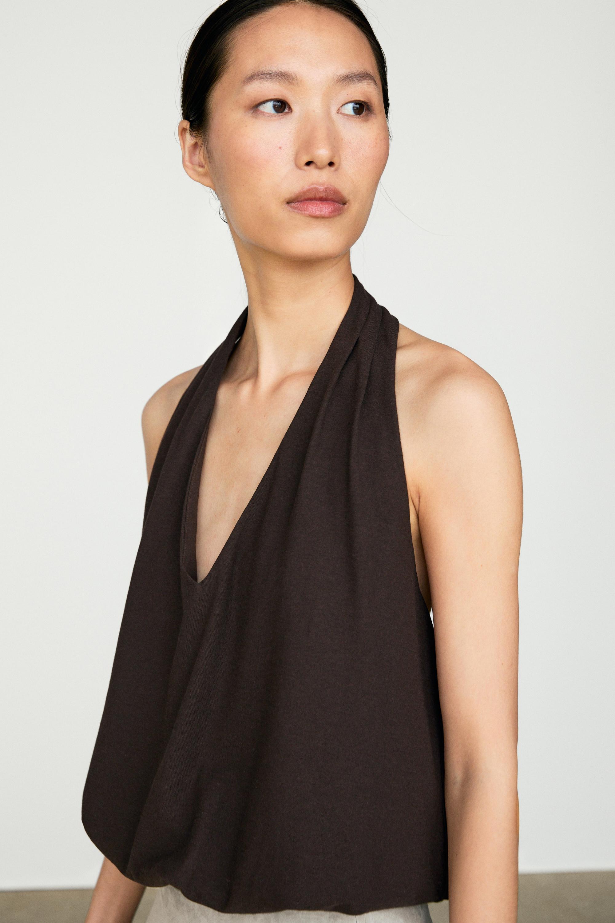 Cotton halter top with elasticated hem — Brown