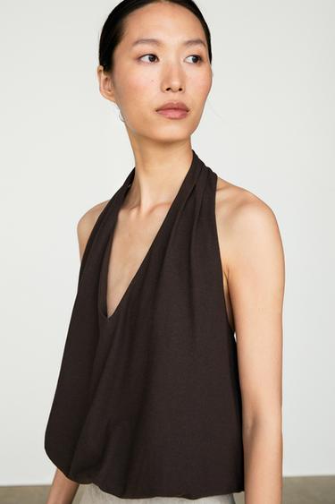 Cotton halter top with elasticated hem — Brown 2