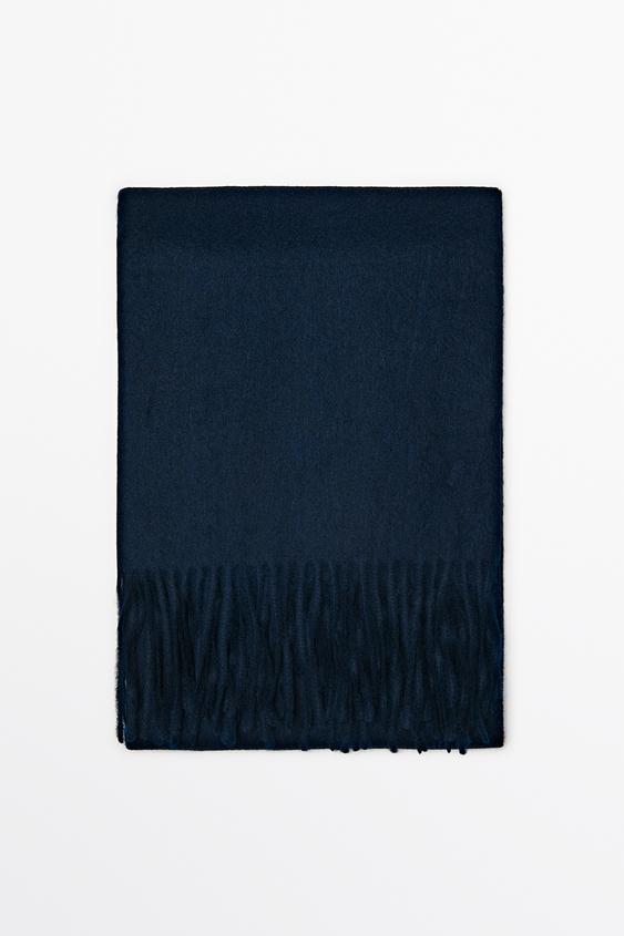 Zara Wool blend scarf with fringing - Navy blue - Image 0