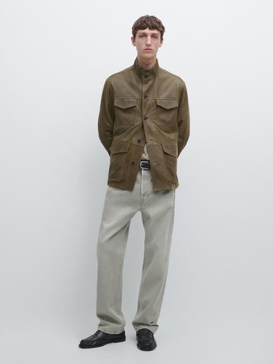 Distressed-effect goatskin leather jacket