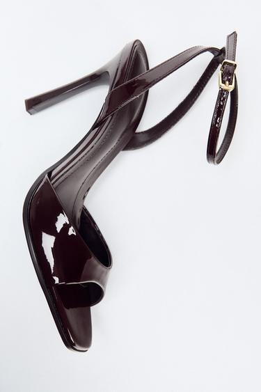 Zara PATENT FINISH HEELED SANDALS - Brown