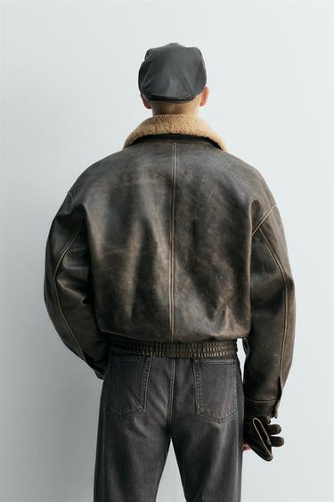 BLOUSON EN CUIR COL COMBINÉ ÉDITION LIMITÉE - Gris foncé de Zara - Image 3