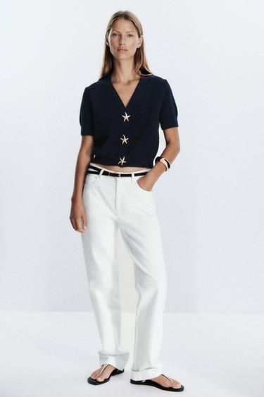 جاكيت هيكلي محاك بزر نجمة - بحري الخاص بـ Zara