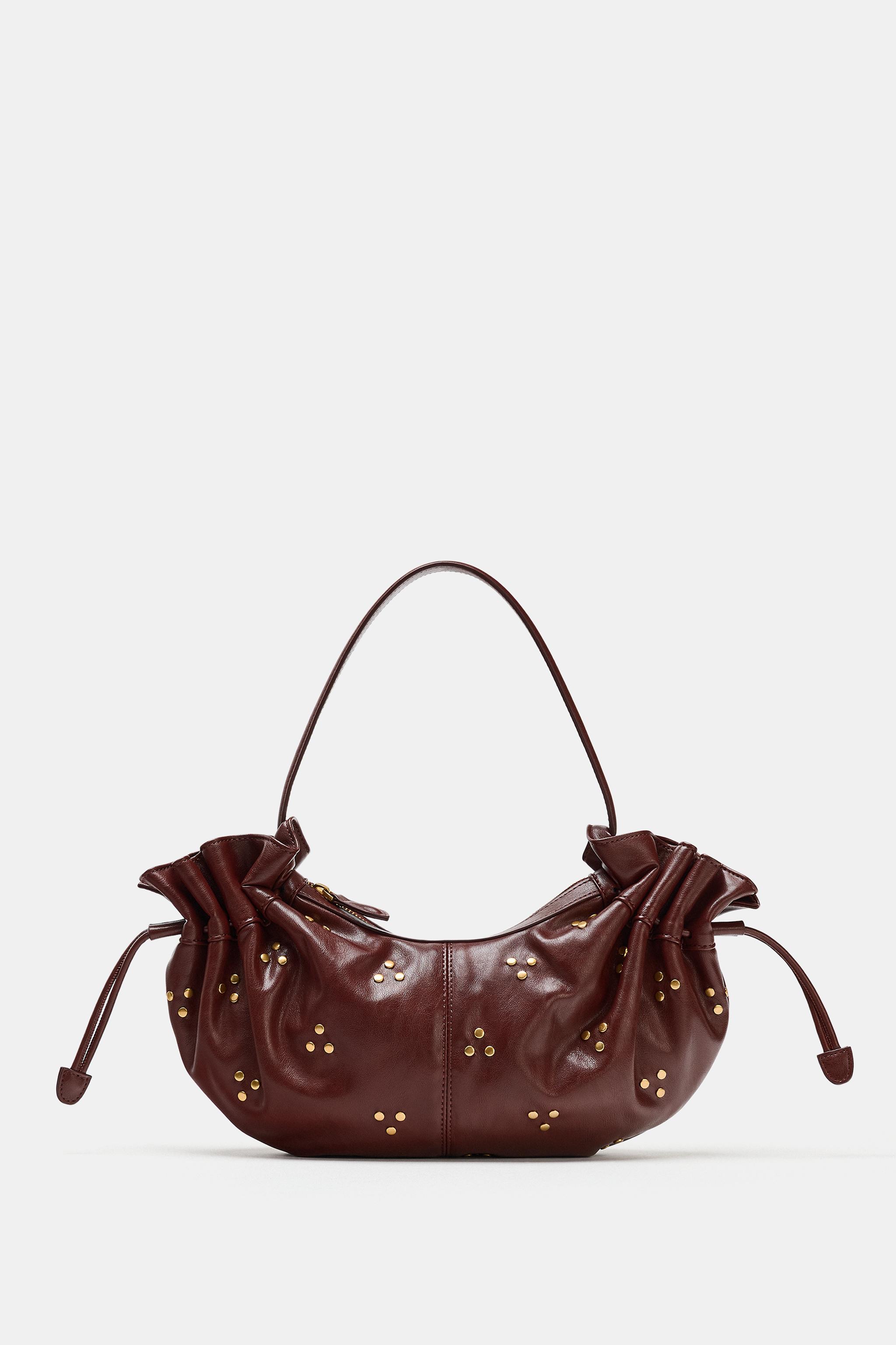 STUDDED GATHERED SHOULDER BAG — Burgundy Red
