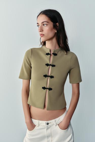 SHORT SLEEVE FROG FASTENING TOP — Light khaki 2