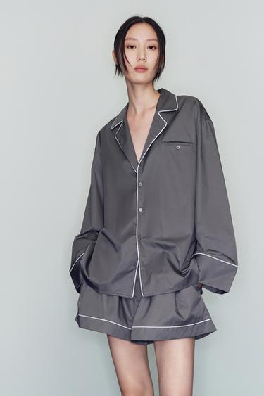 Zara 滾邊府綢襯衫 - 水洗棕黑色