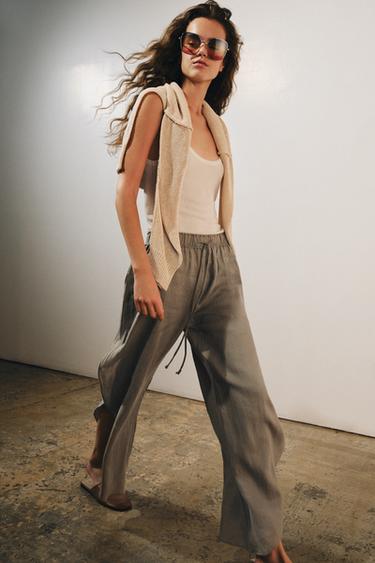 100% LINEN TROUSERS WITH VENTS ZW COLLECTION - Brown / Taupe by Zara