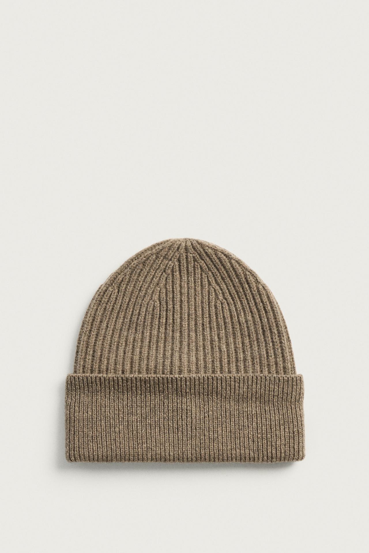 100% WOOL KNIT BEANIE — Brown / Taupe