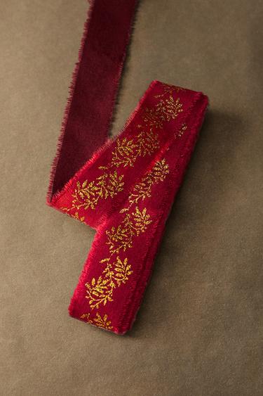 COTTON CHRISTMAS BRANCHES GIFT RIBBON — Red 1
