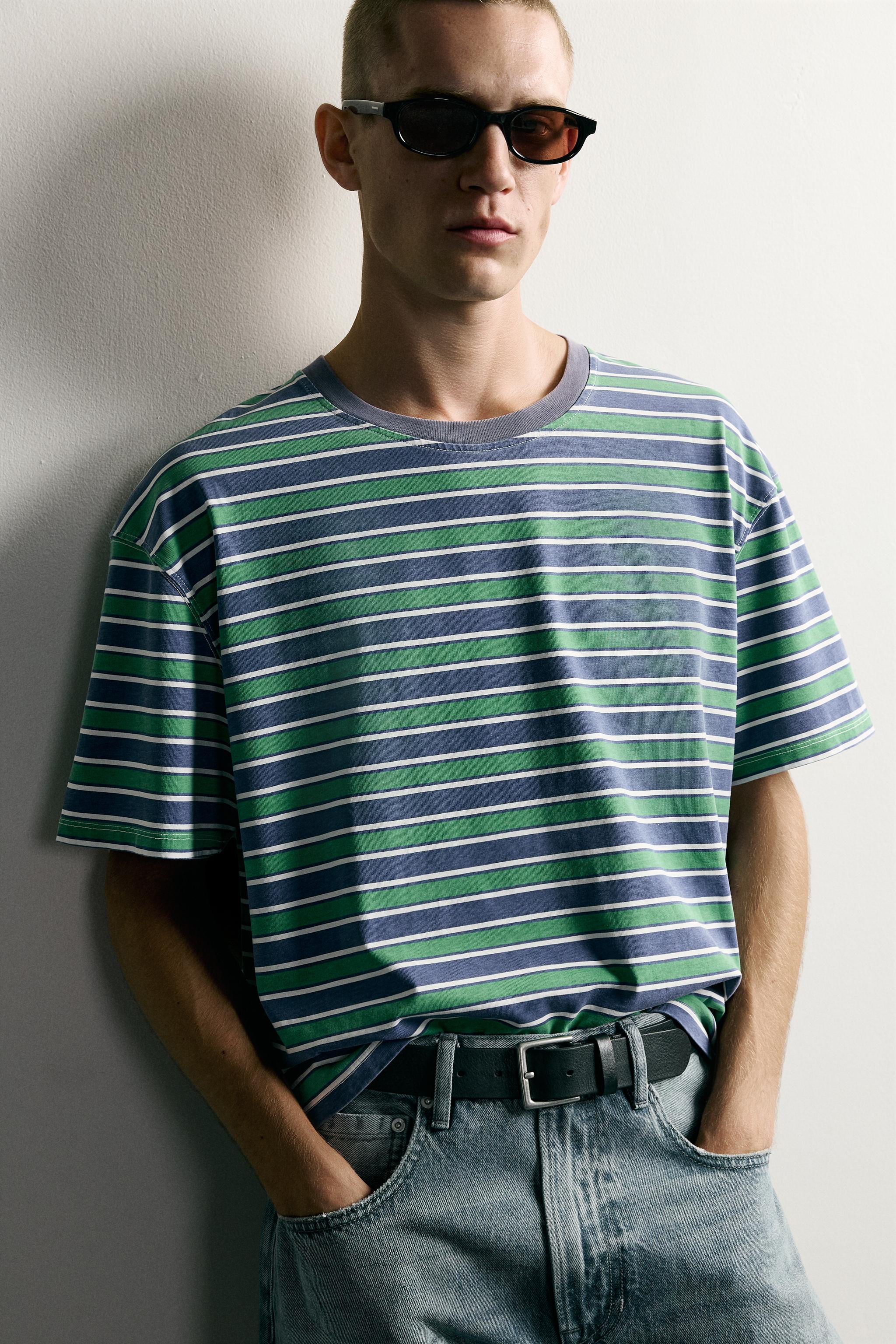 Мужские футболки Zara CROPPED FIT STRIPED T-SHIRT — фото 5