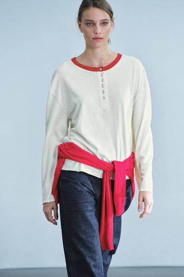 T-SHIRT À COL TUNISIEN RUSTIQUE - Écru de Zara - Image 3