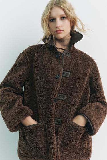 Zara DOUBLE FACED REVERSIBLE FAUX LEATHER COAT - Brown