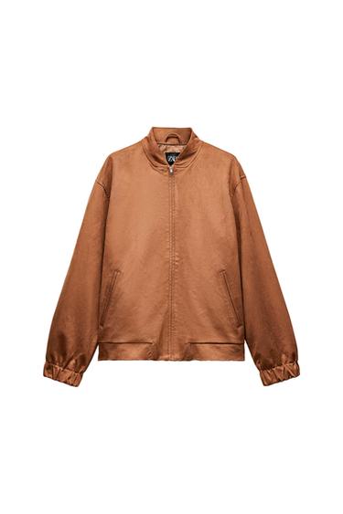 Front view of a brown zip-up jacket with side pockets.